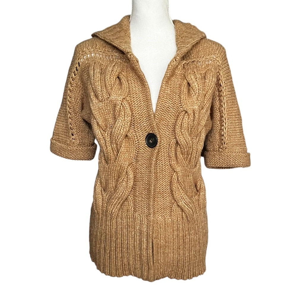 LOFT Alpaca Wool Blend Cardigan Sweater Cable Knit Hood Button Tan Cozy Petite S